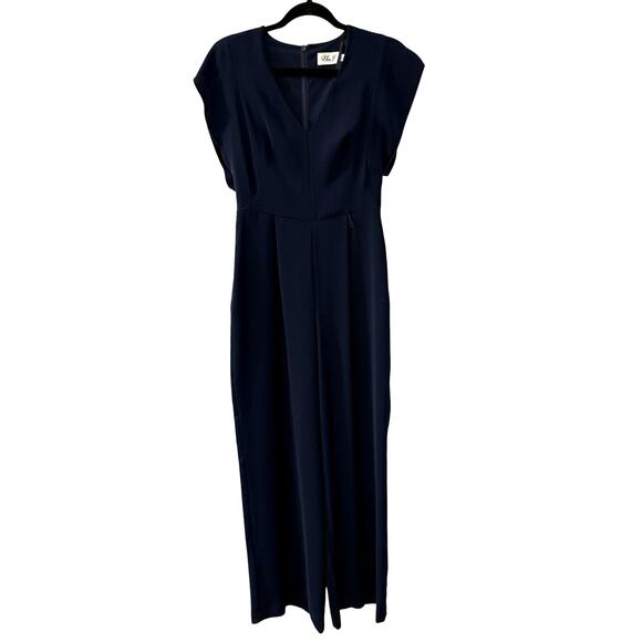 Anthropologie 2 Eliza J Wide Leg Jumpsuit Flutter Sleeve V-Neck Boho Navy Blue - Picture 2 of 8